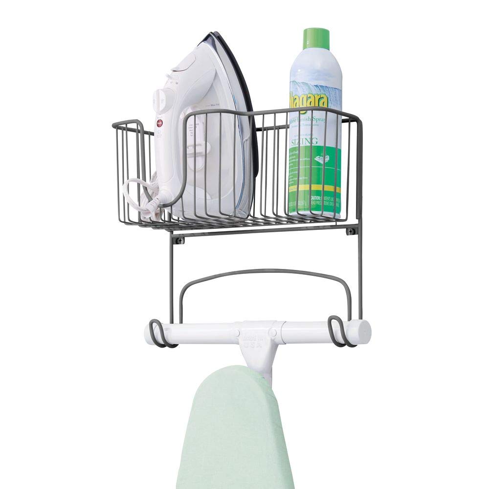 mDesign Metal Wall Mount Ironing Board Holder with Large Storage Basket - Holds Iron, Board, Spray Bottles, Starch, Fabric Refresher for Laundry Rooms - Graphite Gray