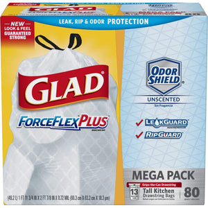 Glad Tall Kitchen Drawstring Trash Bags – ForceFlexPlus 13 Gallon White Trash Bag, OdorShield – 80 Count