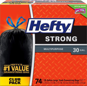 Hefty Strong Large 30 Gallon Trash Bags - Multipurpose - Drawstring - 74 Count