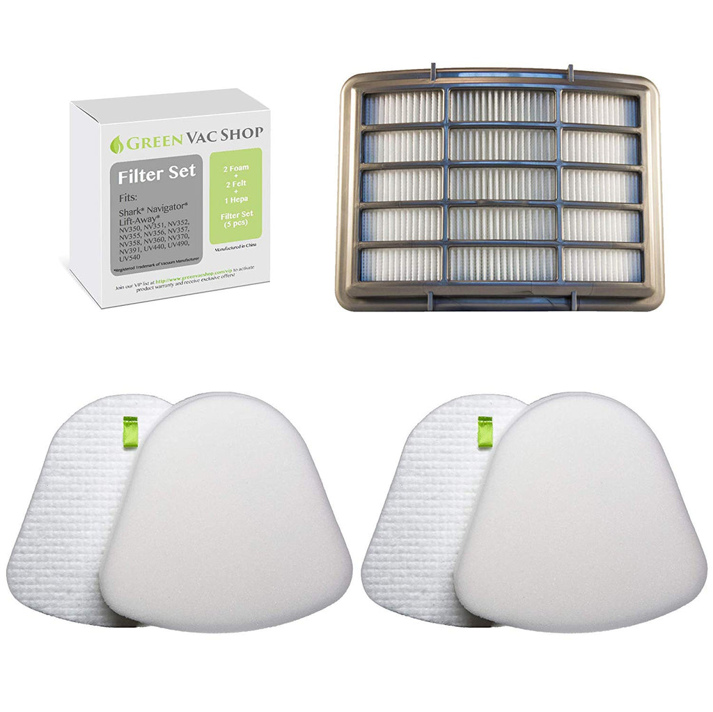 GreenVacShop 2+1 Pack Shark Navigator Lift-Away NV350, NV351, NV352, NV355, NV356E, NV357, NV360, NV370, NV391, UV440, UV490, UV540 Replacement Filter Set, 2 Foam+2 Felt+1 HEPA Filters, XFF350 XHF350